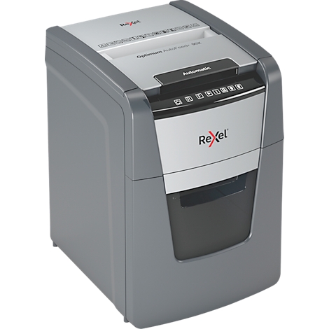 Grey paper shredder with Rexel logo. Top feed slot, control panel, and waste bin visible.