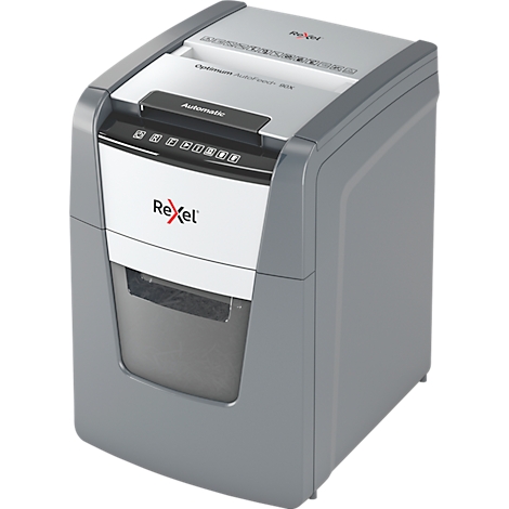 Grey Rexel shredder. The machine has a rectangular shape with rounded corners. On the front is the Rexel logo.