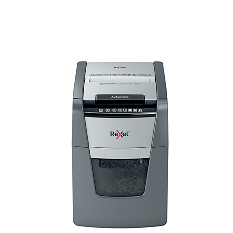 Gray paper shredder against a white background. "Rexel" and "Automatic" are visible.