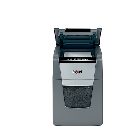 Grey paper shredder with open lid. The paper is in the chute. The "Rexel" logo is visible.