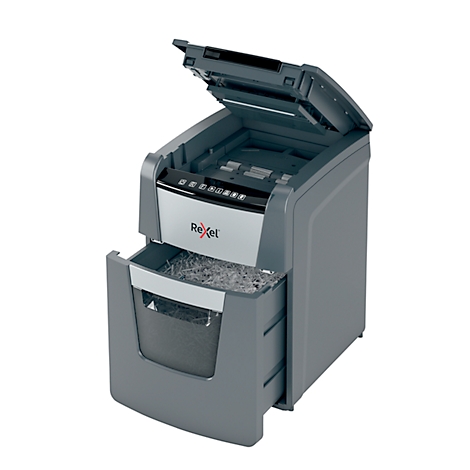 Gray shredder with open lid and pulled-out collection drawer. The 'Rexel' logo is visible.