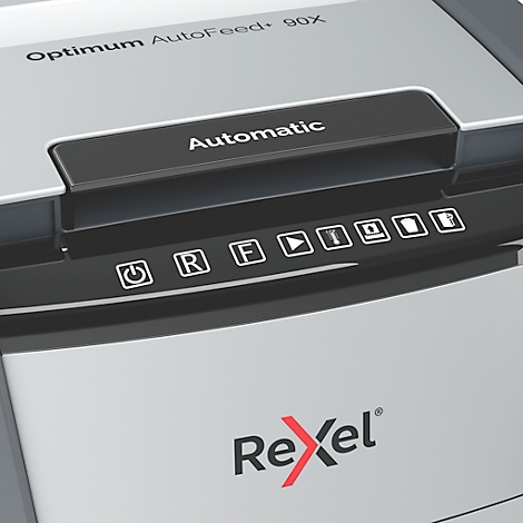Close-up of a shredder with control elements and the Rexel logo. It displays an "Automatic" function.