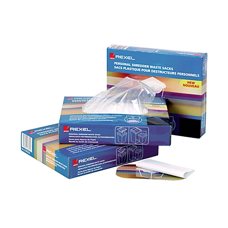 Product packaging of shredder waste bags. Blue boxes with text and open waste bag.