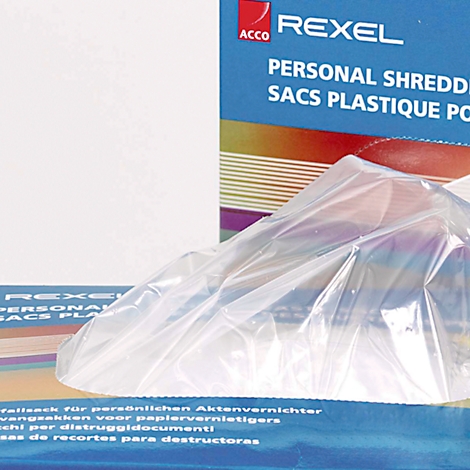 Packaging with blue writing. Inscription: Rexel, Personal Shredder and plastic bags.