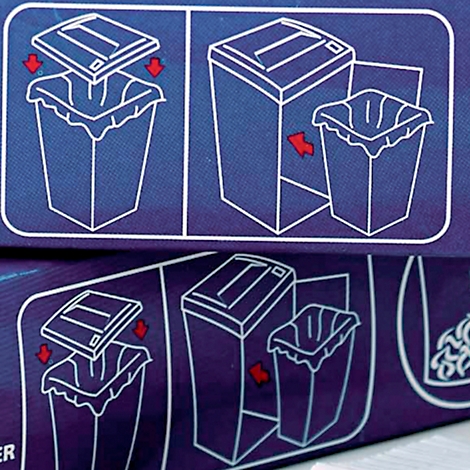 Graphical representation of a trash can instruction: remove lid, insert trash bag, empty can.