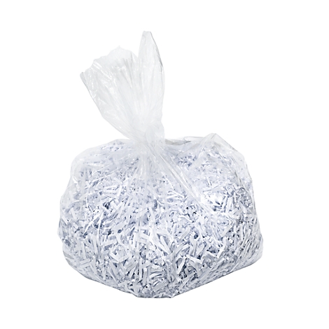 A transparent plastic bag filled with shredded paper. The bag is tied at the top.