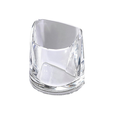 Un récipient en verre transparent avec un bord supérieur biseauté. Le récipient est vide et posé sur un fond blanc.