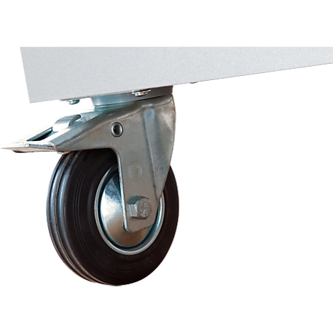 Nahaufnahme eines Rollwagenrads mit schwarzem Reifen und metallischem Gehäuse.