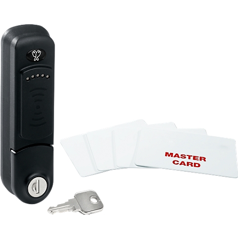 Black door lock with white cards labeled "Master Card", and a key.