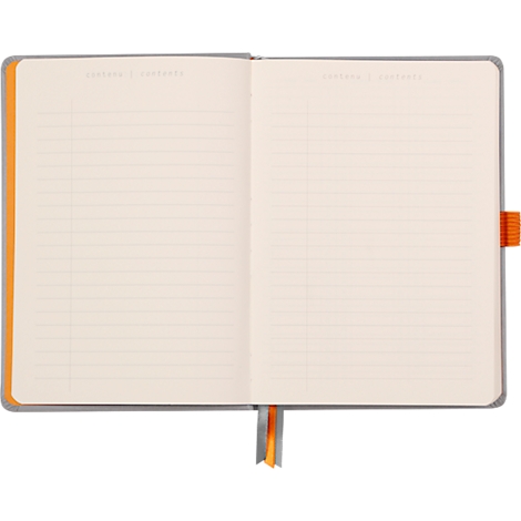 Cahier ouvert avec signet orange, accents jaunes et oranges et pages lignées.