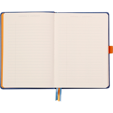 Carnet bleu ouvert avec dos orange et marque-page jaune-bleu, pages lignées.