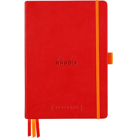 Cahier rouge avec élastique orange et marque-pages. Le logo "RHODIA" et le mot "[goalbook]" sont visibles.