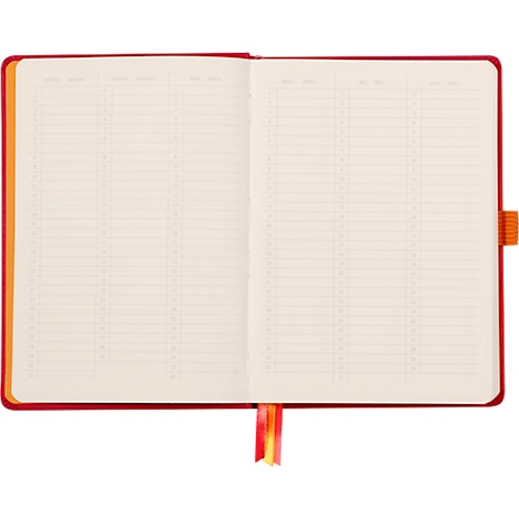 Cahier rouge ouvert avec des pages lignées et un signet orange. Ouvert, prêt pour les notes.