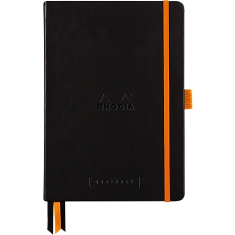 Carnet noir avec élastique orange et marque-page. Estampé : Rhodia et Goalbook.
