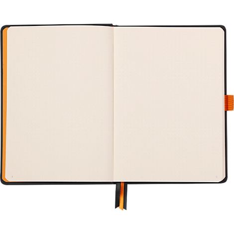 Cahier ouvert avec grille de points, couverture noire, accents orange et deux marque-pages.