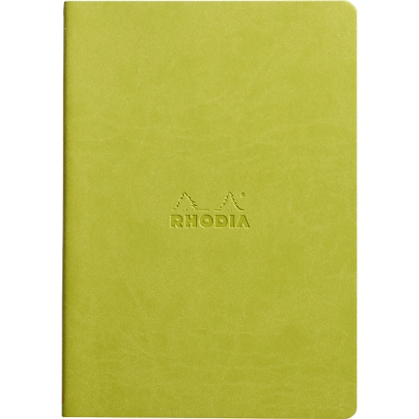 Gelbgrünes Notizbuch, geprägt mit dem Rhodia-Logo.