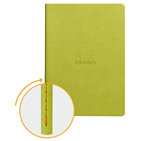 Gelbes Notizbuch mit Prägung des Logos "RHODIA" und Detail der gelben Heftung.