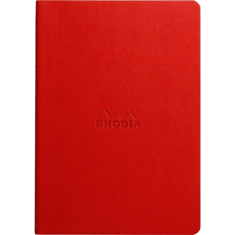 Rotes Notizbuch mit erhabenem Rhodia Logo. Quadratisch, glatt, lederartig.