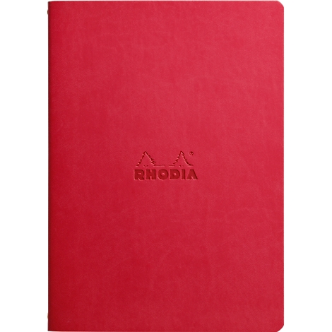 Rotes Notizbuch mit dem geprägten Logo „RHODIA“.