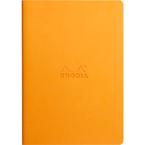 Ein orangefarbenes Notizbuch mit dem geprägten Logo von Rhodia.