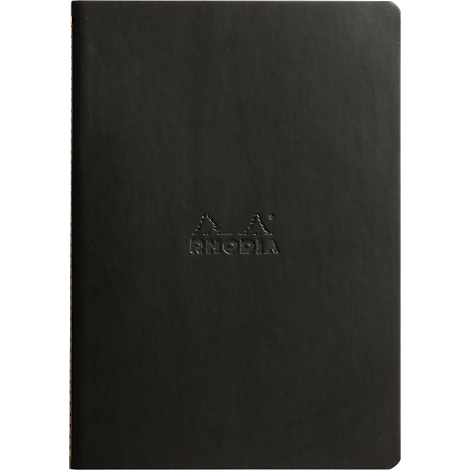 Schwarzes Notizbuch mit geprägtem Rhodia-Logo.