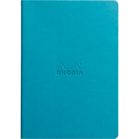 Türkisfarbenes Notizbuch mit dem Logo „RHODIA“ in Prägung.
