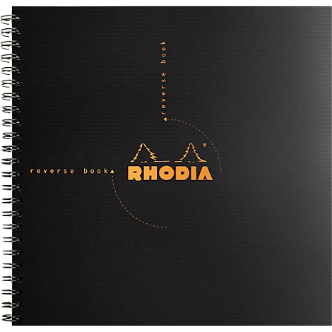 Schwarzes Spiralnotizbuch mit orangefarbenem Rhodia-Logo und Schriftzug.