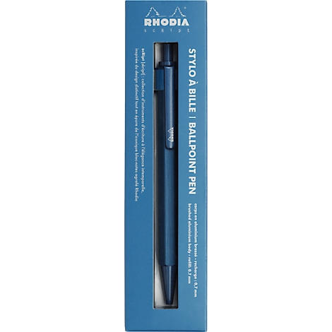 Blauer Kugelschreiber in blauer Verpackung, im Vordergrund, Rhodia-Logo.