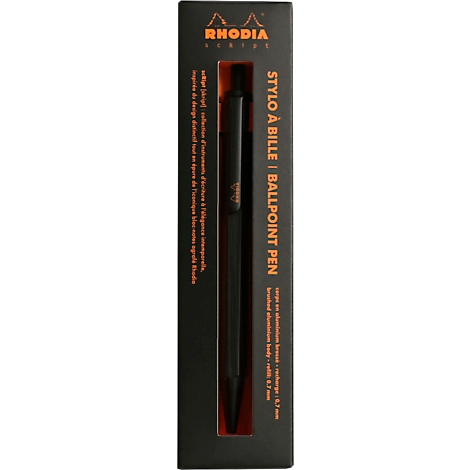 Schwarzer Kugelschreiber in schwarzer Schachtel. Aufdruck: Rhodia, Stylo à Bille Ballpoint Pen.