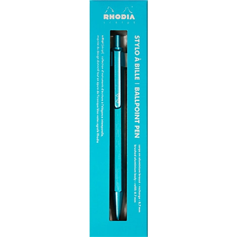 Türkisfarbener Kugelschreiber in einer türkisblauen Verpackung, Aufschrift Rhodia. Die Bezeichnung lautet „Stylo a bille Ballpoint Pen“