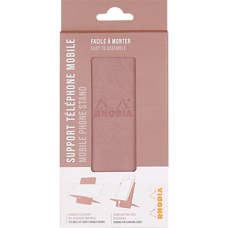 Product packaging for a mobile phone stand, light brown with white lettering and logo.