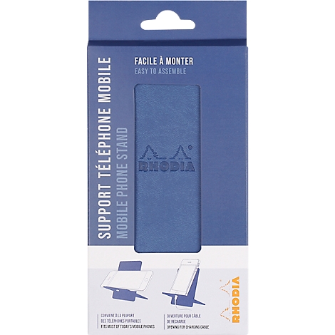 Blue product packaging for a mobile phone stand, with white text. Rhodia logo and product illustrations.
