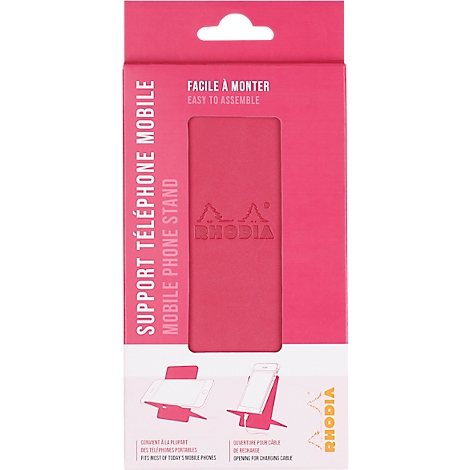 Pink mobile phone stand in packaging with print. The packaging has text: RHODIA, Support Téléphone Mobile, Easy to assemble.