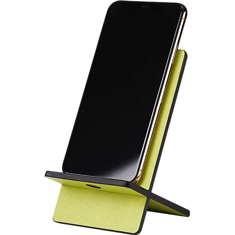 A black smartphone in a yellow and black holder. The screen is black.
