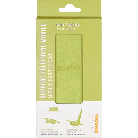 Green mobile phone stand in packaging, with the text "SUPPORT TÉLÉPHONE MOBILE".