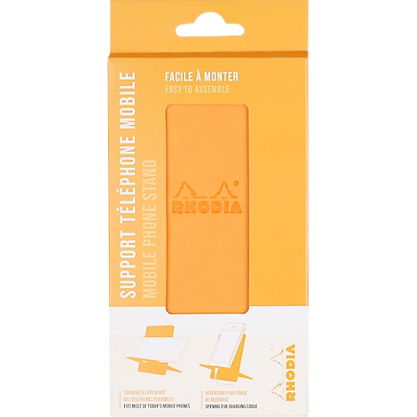 Orange mobile phone stand in cardboard packaging. Prints: Rhodia, Mobile Phone Stand, Easy to assemble.