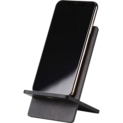 Smartphone on a dark wooden stand. The display is black, the trim is gold.
