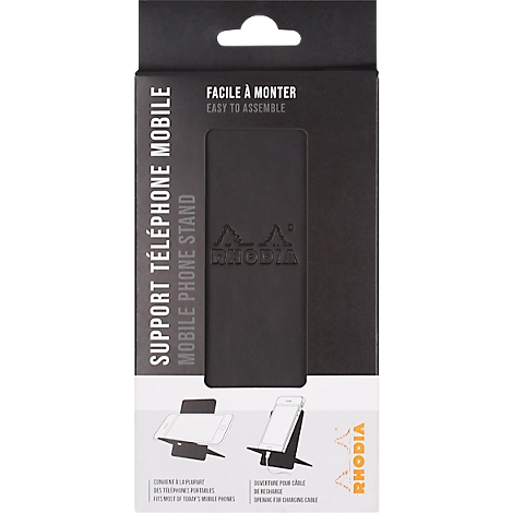 Black phone stand packaging. Text: “Support téléphone mobile” and “Easy to assemble.” Below, two phone stand illustrations are featured.