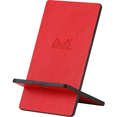 Red pen holder with embossed logo.