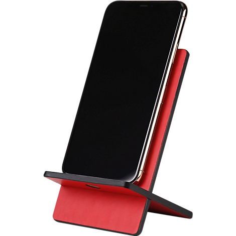 Smartphone in red and black holder. The screen is black, the holder has a red element.