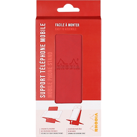 Red packaging for a mobile phone stand. The packaging says "Support Téléphone Mobile" and "Mobile Phone Stand" and shows example images.