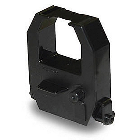 Black ink ribbon cartridge for typewriter or printer. Angular shape, detailed structure.