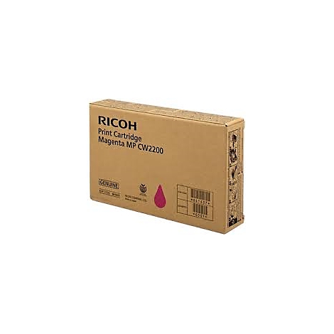 Karton einer Ricoh Magenta Druckpatrone, mit Text und Abbildungen.