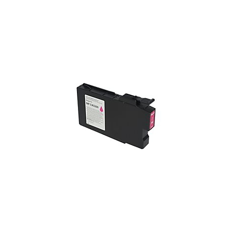 Eine schwarze Tintenpatrone mit einem rosa Etikett, auf dem 'Magenta' und 'MP CW200' stehen. Ein rosa Punkt zeigt die Tintenfarbe.