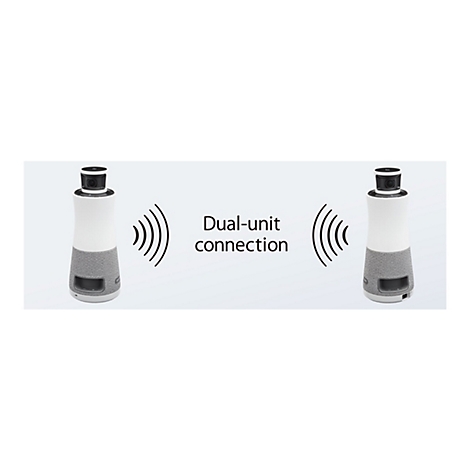Zwei weiße Roboter-Lautsprecher mit grauem Stoff um die Mitte. Funkwellen zeigen eine Dual-Unit-Verbindung an.