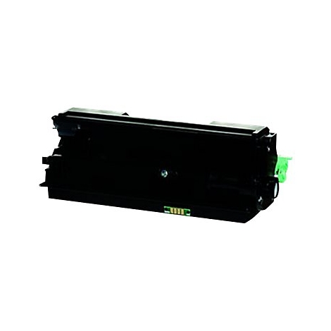 Cartouche de toner noire rectangulaire avec des éléments verts, sur fond blanc.