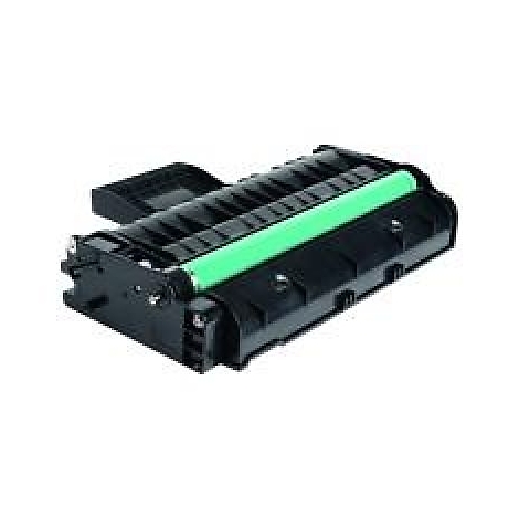 Cartouche de toner noire avec rouleau vert. Sur fond blanc.