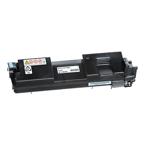 Cartouche de toner noire avec des autocollants, dont un avec le texte: Print Cartridge Cyan SP C360HE. Autocollants avec des étiquettes d'avertissement.