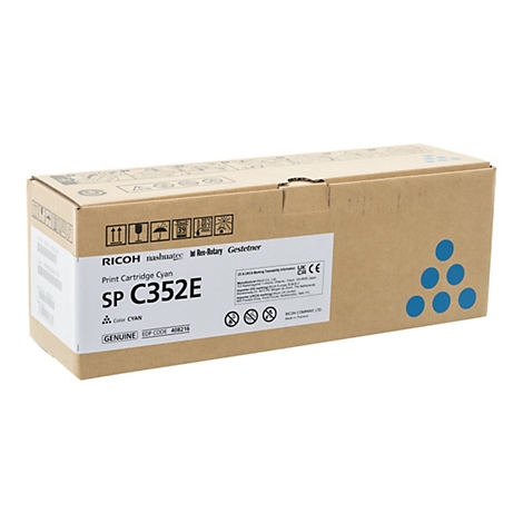 Un emballage en carton rectangulaire avec l'inscription "RICOH Print Cartridge Cyan SP C352E". Les impressions affichent les instructions d'expédition et le logo de l'entreprise.