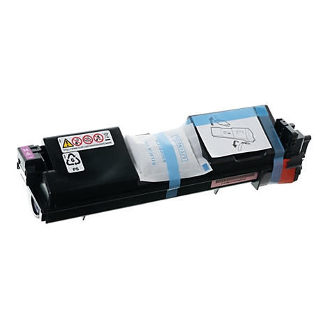 Ein schwarzer Drucker-Toner, mit blauem Klebeband und Silica-Gel gesichert, vor weißem Hintergrund. Auf dem Toner befinden sich Warnhinweise und ein Aufkleber.